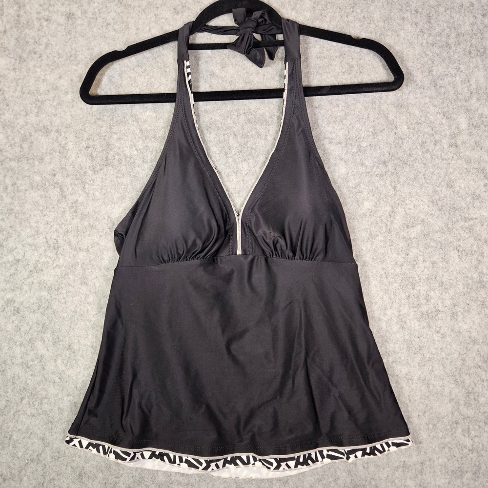 Rekita Women Black Tankini Top Lined Geometric Trim Halter Swimwear Size M